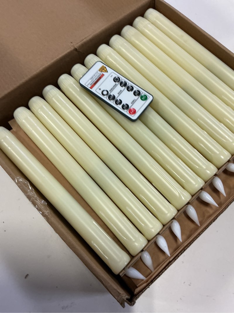 Condition photo showing New/Like New for homemory 48 pcs plastic flameless taper candles with remote timer dimmer, taper candles battery operated with flickering light, ivory led candlesticks for wedding party holiday decoration 9.6 inches ivory pack of 48
