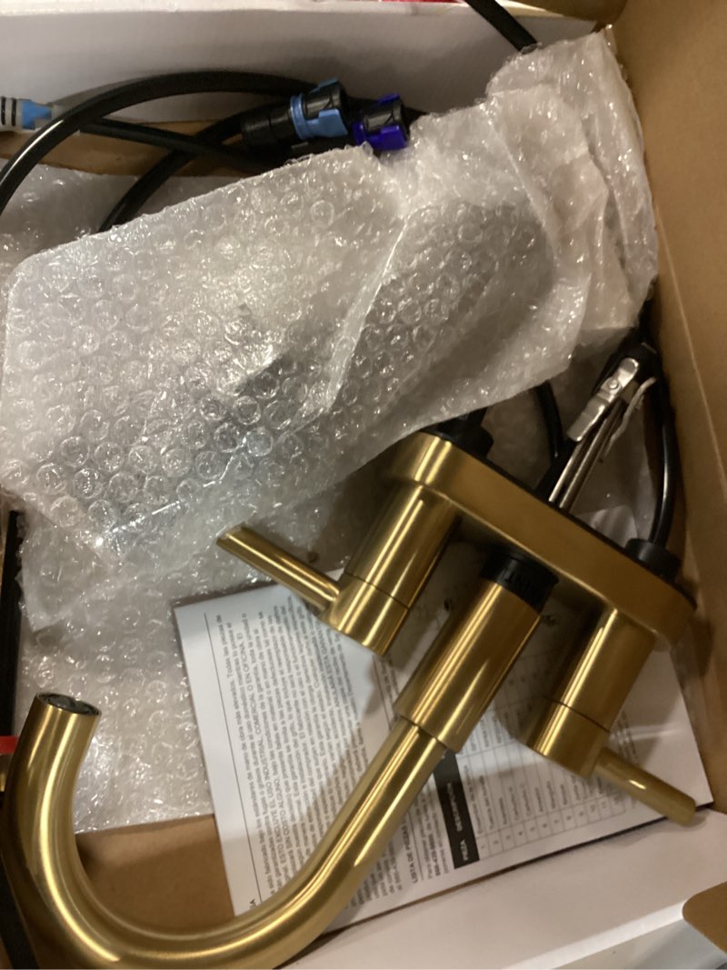 Condition photo showing As Is for allen + roth harlow simplefit brushed gold 4-in centerset 2-handle watersense mid-arc residential handle bathroom sink faucet with drain with deck plate