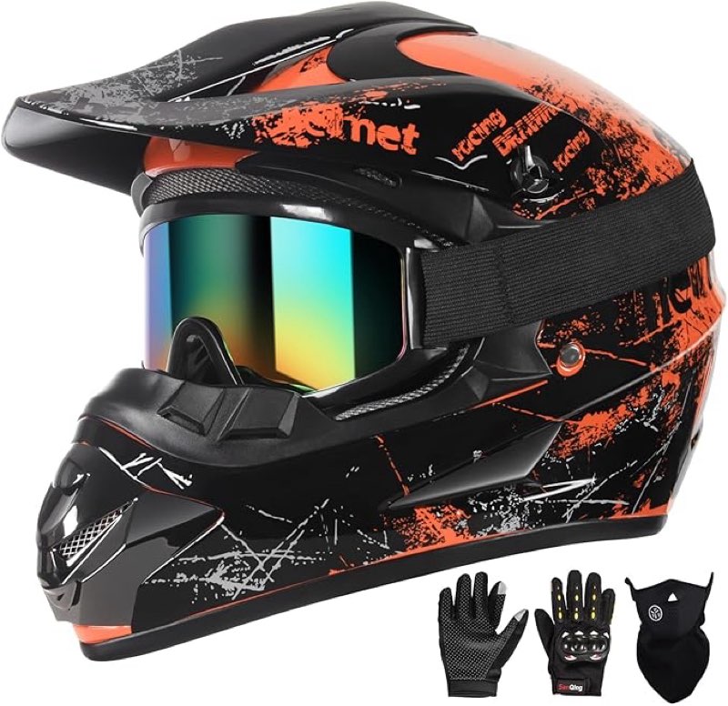SPARK Dirt Bike Helmets Kids Motorcycle Helmet Youth ATV Motocross Full Face Men Women Off-Road Mountain Bike Helmet Adult with(Gloves Goggles Mask) DOT Approved 4Pcs Set Size L 