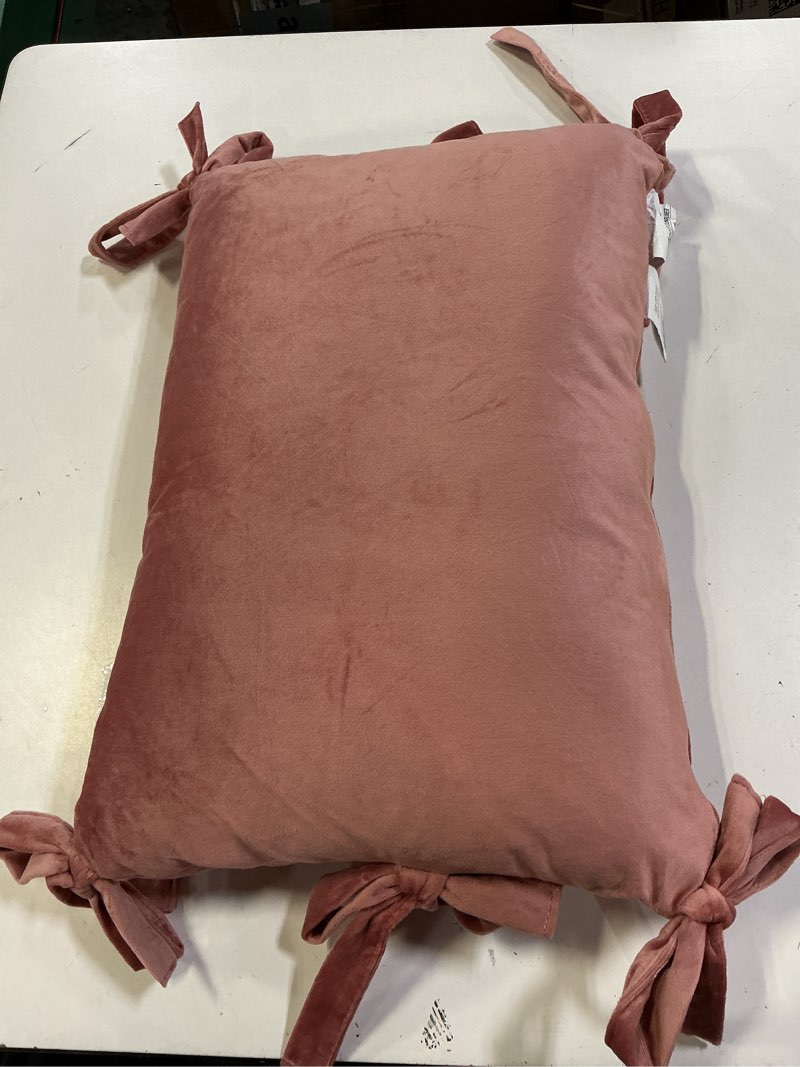 Condition photo showing New/Like New for home decor collection 14" x 20" blush pink velvet bow oblong decorative pillow