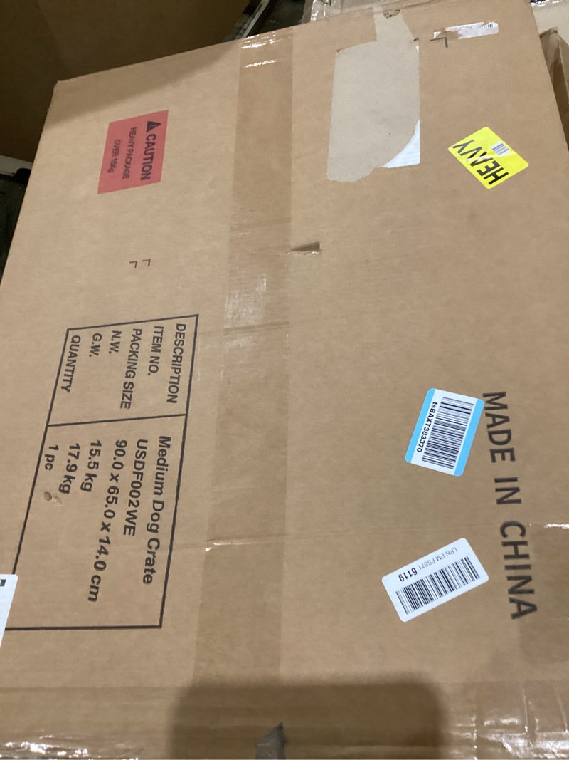 Condition photo showing New/Like New for DWANTON Dog Crate Furniture with Cushion, Wooden Kennel Table with Double Doors, Indoor Dog House, Medium Size, 32.5" L, White 32.5"L x 21.9"W x 25.6"H White+Gold