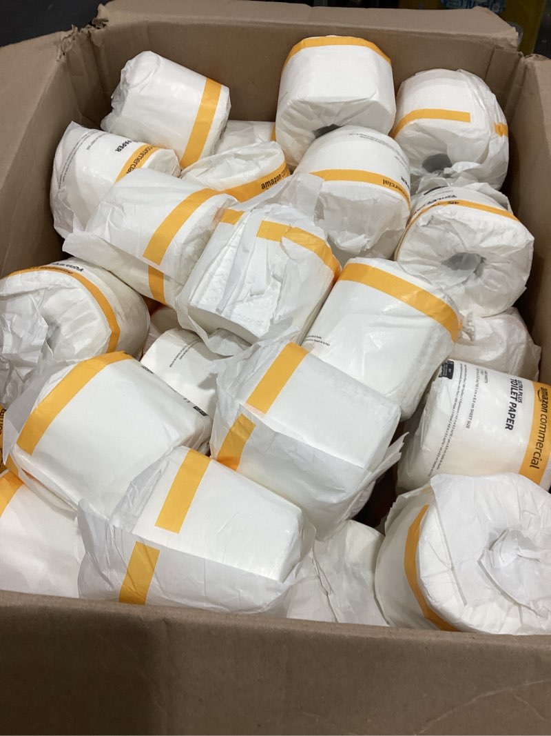Condition photo showing As Is for amazoncommercial 2-ply ultra plus toilet paper, bath tissue, soft and strong, septic safe, unscented, 400 sheets per roll, 80 individually wrapped rolls for business use