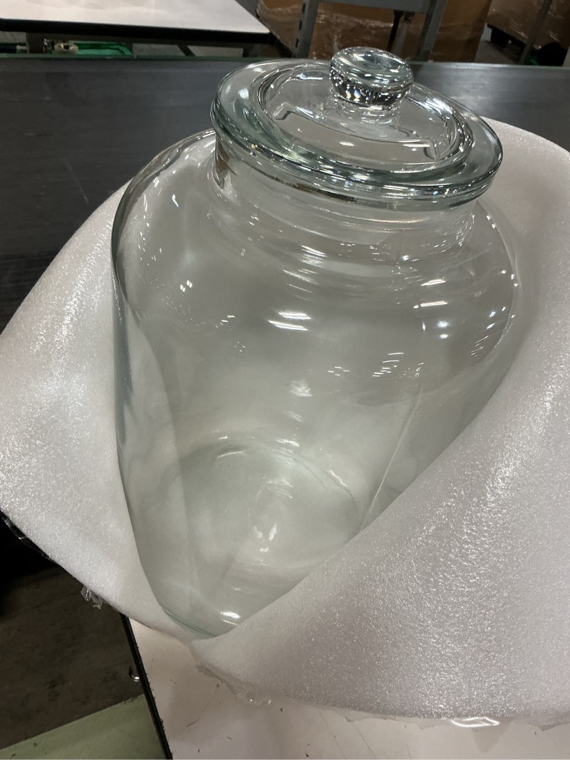 Condition photo showing Good Condition for large 6 gallon glass storage jar with lid, extra wide mouth glass canister, heavy duty clear glass container for flour, rice, dry food, kitchen storage (6 gallon)