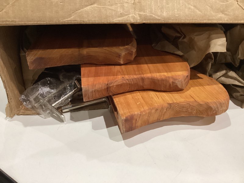 Condition photo showing As Is for Pinkunn 4 Pcs Floating Shelves for Wall Wooden Live Edge Shelf Wall-Mounted Natural Solid Wood Bedroom Kitchen Storage Living Room Nursery Decor(4 Pcs,23.62/15.75/7.8 Inch) 4 23.62/15.75/7.8 Inch