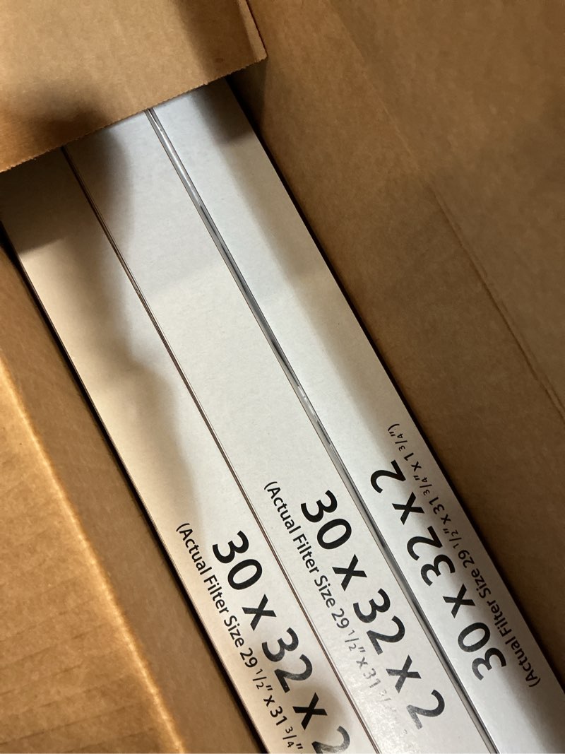 Condition photo showing New/Like New for nordic pure 30x32x2 (actual size: 29 1/2 x 31 3/4 x 1 3/4) geothermal merv 10 pleated plus carbon ac furnace air filters 3 pack merv 10 p + carbon 3 pack