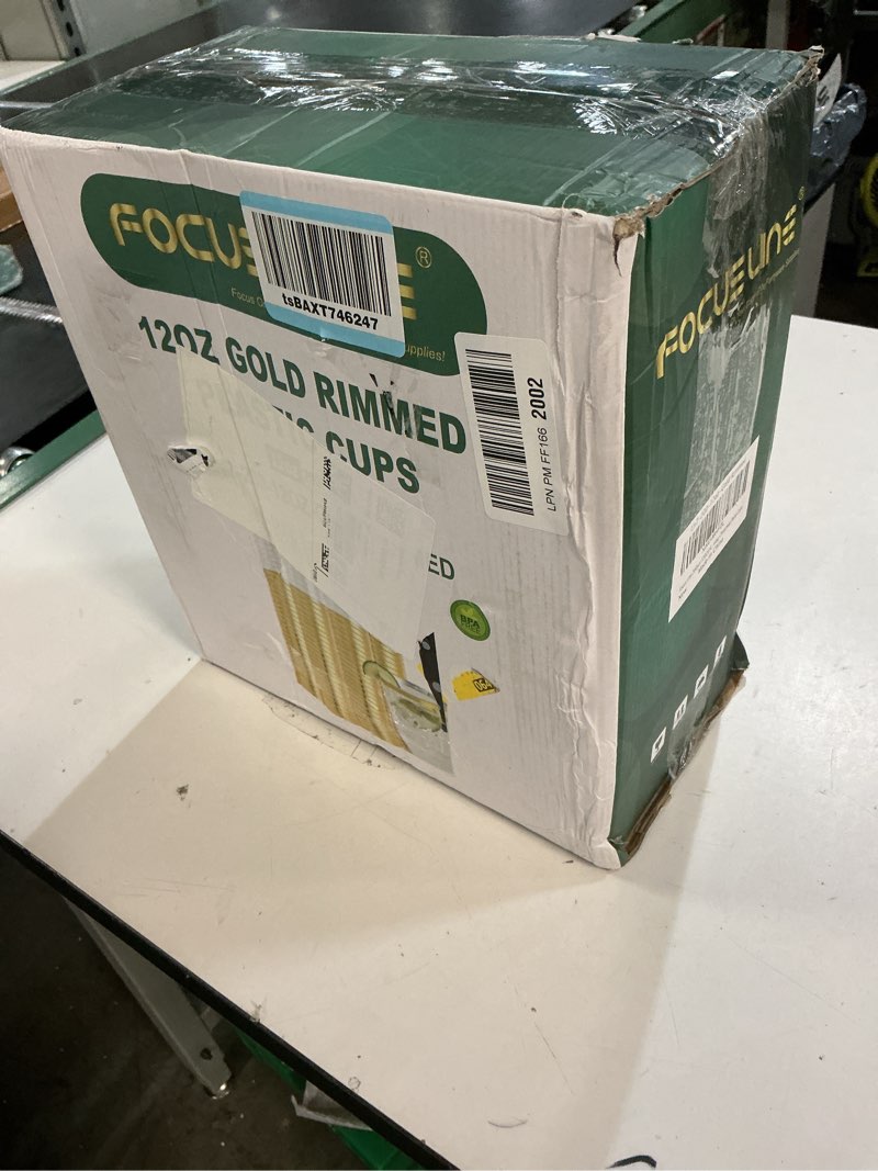 Condition photo showing New/Like New for focusline 200 pack 12 oz gold rimmed plastic cups, clear plastic cups tumblers, heavy-duty & fancy disposable hard cup 12 ounce with gold rim for wedding cup elegant party cups gold rimmed cups