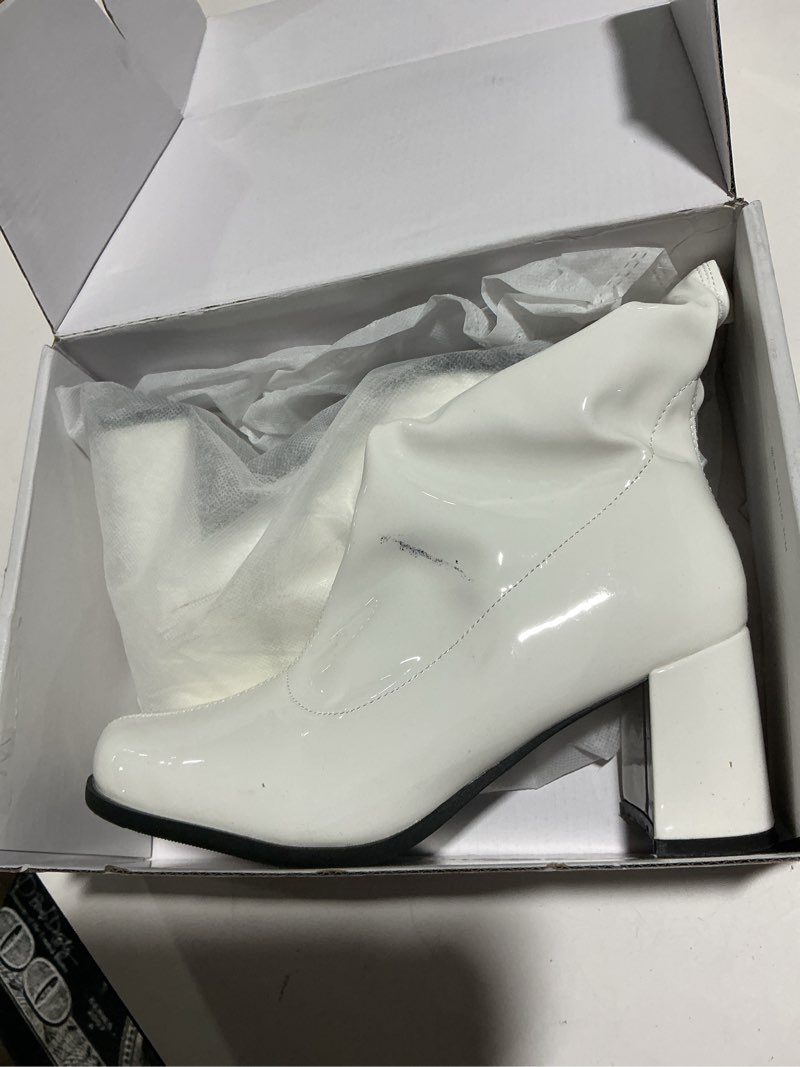 Condition photo showing As Is for liuruijia women's gogo boots mid calf block heel square toe zipper boots low heel short booties 8.5 a# white