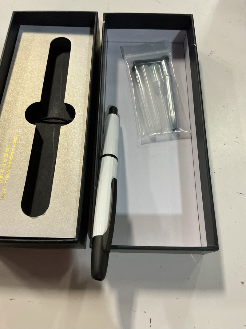 Condition photo showing As Is for erofa majohn a2 press fountain pen extra fine nib with box, retractable white resin ink pen with converter writing set (black clip version white--black clip
