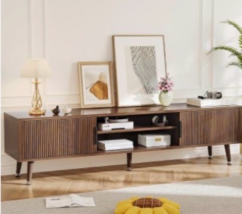 choochoo mid century modern tv stand for tvs up to 60 inch, entertainment center with fluted sliding