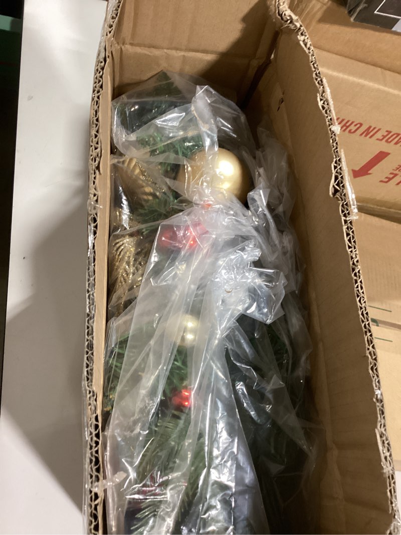 Condition photo showing New/Like New for 28’’ Pre-Lit Artificial Christmas Wreath, Theme Battery Operated 35 LED Lights with Faux Greenery, Pine Cones, Silver Leaves, White Berries and Silver Ornaments Silver & Green