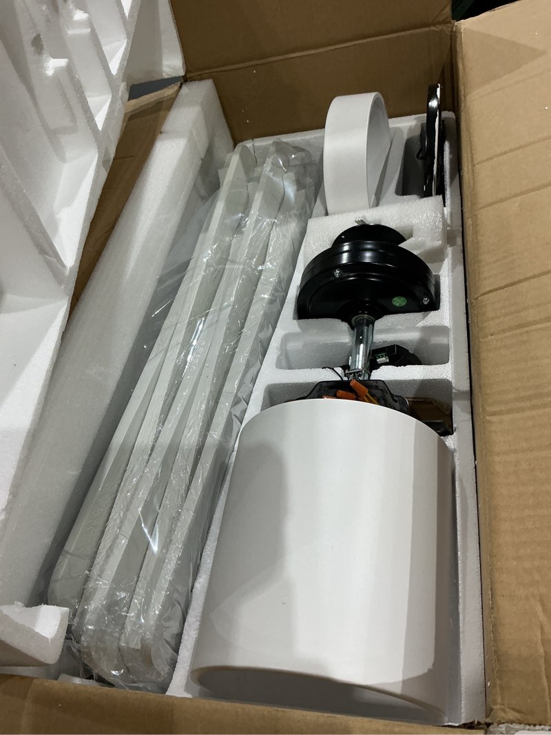 Condition photo showing As Is for wingbo 54 inch flush mount dc ceiling fan with lights and remote, 5 reversible carved wood blades, 6-speed noiseless dc motor, hugger ceiling fans in white finish, low profile ceiling fan, etl listed white 54"