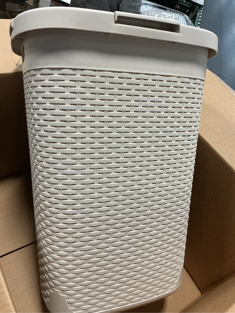 Condition photo showing Good Condition for Mind Reader Slim Laundry Hamper with Lid, 60L Clothes Basket, Premium Wicker Design, Plastic, Ivory