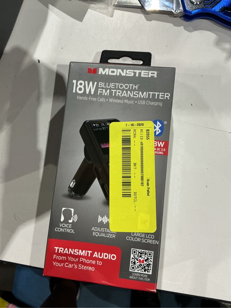 Condition photo showing New/Like New for 18-watt bluetooth fm transmitter with qc 3.0 fast charging, hands-free calls adjustable equalizer large lcd color screen