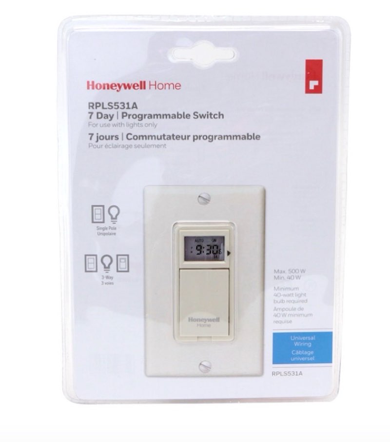 Honeywell Home Programmable Light Switch Timer, 40 Watt Minimum Lights Only - RPLS531A, Almond