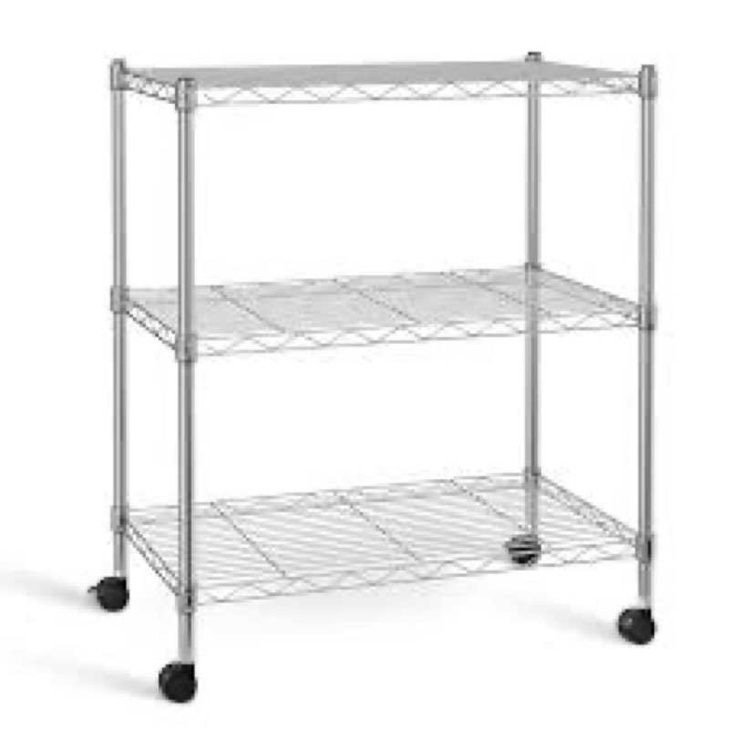simple deluxe heavy duty 3-shelf shelving unit with wheels, adjustable steel wire shelving, chrome m