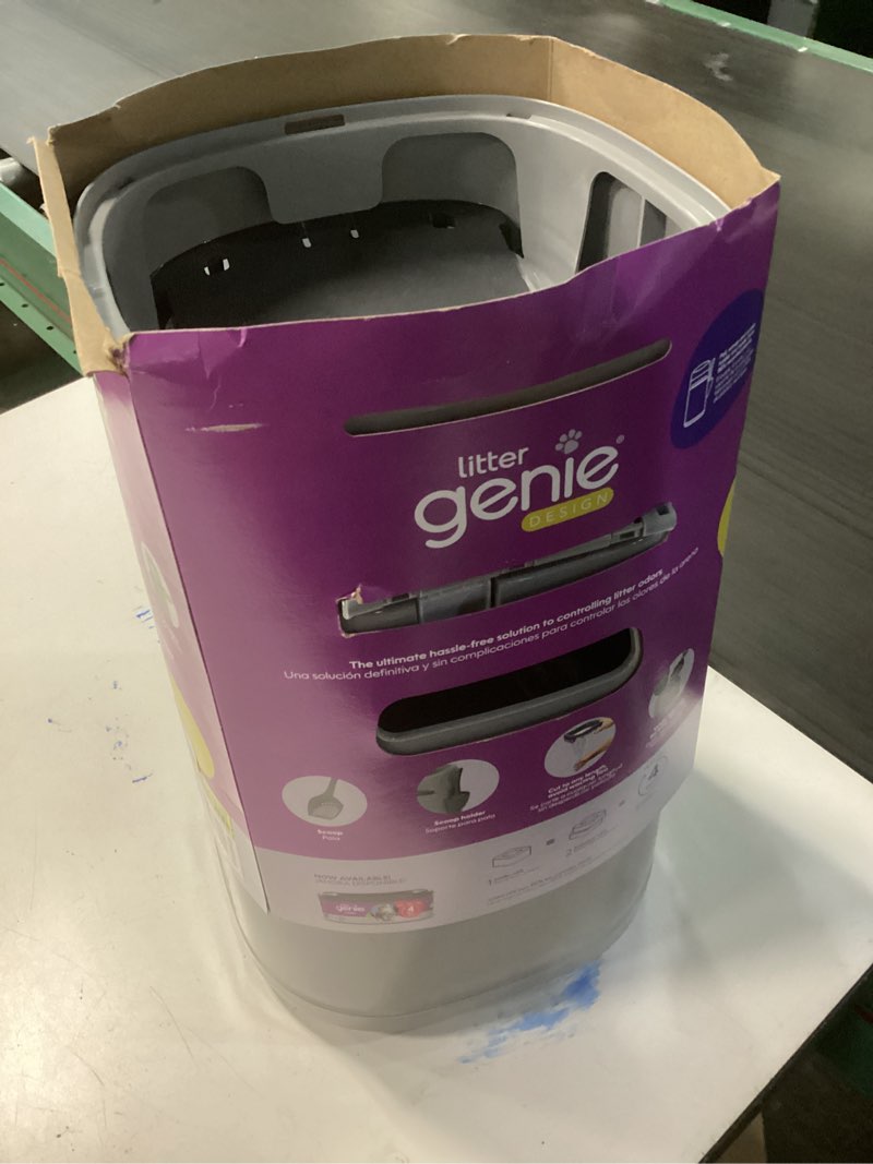 Condition photo showing Good Condition for litter genie design pail includes a refill that can last up to 2 months, a scoop, and a scoop holder.