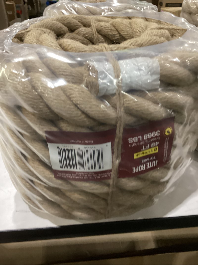 Condition photo showing New/Like New for Natural Jute Rope 1-3/16 Inch x 50 FT (30mm) – Extra Thick Jute Rope for Large Swings, Posts, Fencing & Rustic Décorg, Landscaping, Crafting, Gardening, DIY Projects, Home Décor, and Outdoor Use 1-3/16" x 50'