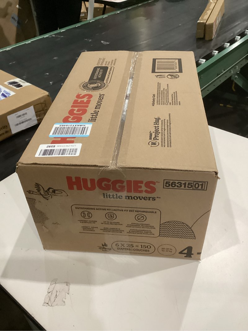 Condition photo showing New/Like New for Huggies Size 4 Diapers, Little Movers Baby Diapers, Size 4 (22-37 lbs), 150 Count (6 Packs of 25), Packaging May Vary Size 4 150