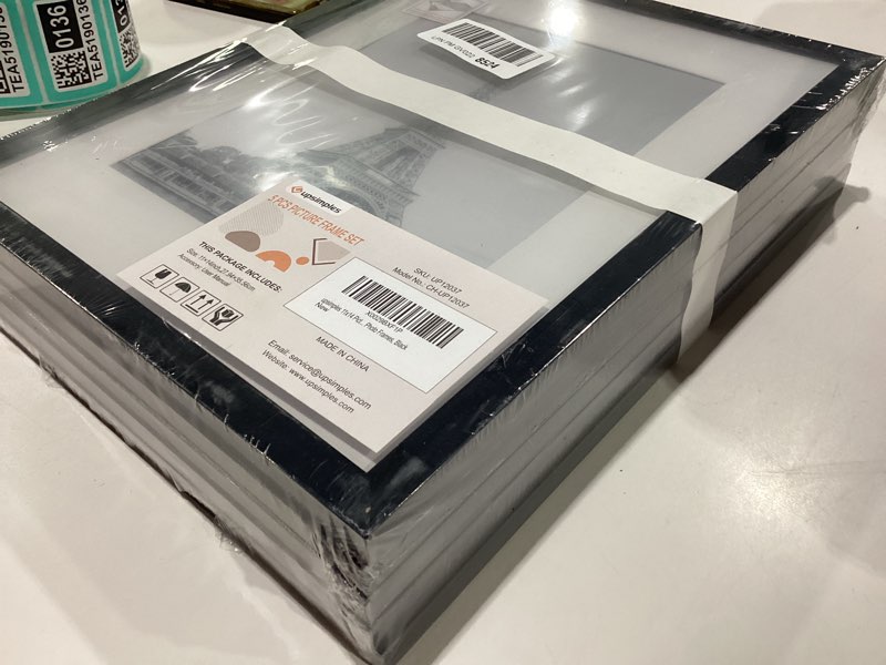 Condition photo showing New/Like New for upsimples 11x14 picture frame set of 5, display pictures 8x10 with mat or 11x14 without mat, wall gallery photo frames, black black 11x14