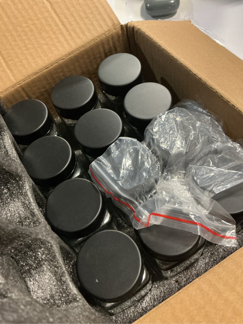 Condition photo showing New/Like New for edelhaus glass spice jars and black stainless steel lids (12 x 4oz) spice containers with shaker inserts - add-on pack without labels or accessories 12x jars addon black lid