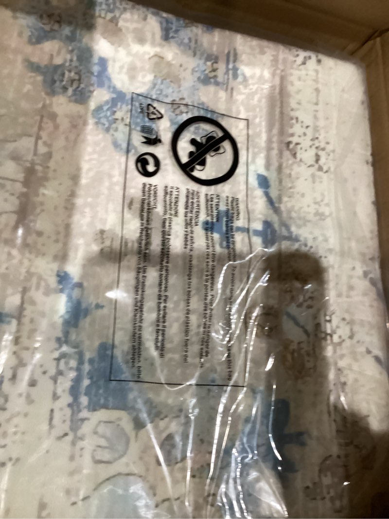 Condition photo showing Good Condition for HOMCOM Machine Washable Area Rug, 6x9 Indoor Boho Rug, Non-Slip, Low Pile for Living Room, Bedroom, Dining Room, Kitchen, Home Office, Distressed Carpet for High Traffic Areas, Brown Blue 6' x 9' (Rectangular) Brown/Blue