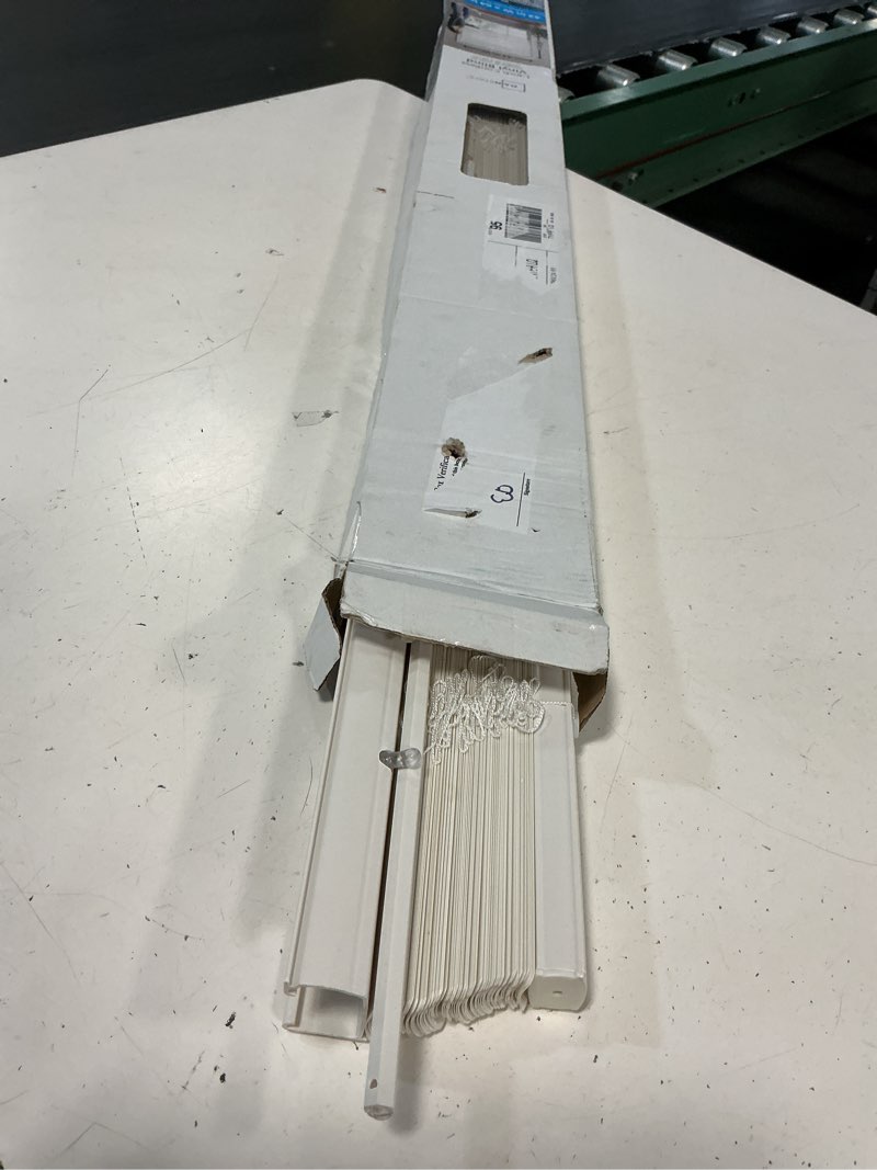 Condition photo showing As Is for mainstays cordless 1" vinyl light filtering blinds, white, 43" width x 64" length