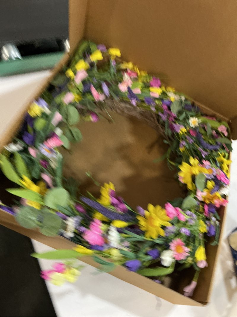 Condition photo showing Good Condition for J'FLORU Spring Wreath 24 Inch Summer Wreaths for Front Door Artificial Flower Wreath with Daisy and Lavender for Indoor Outdoor and Easter Celebration