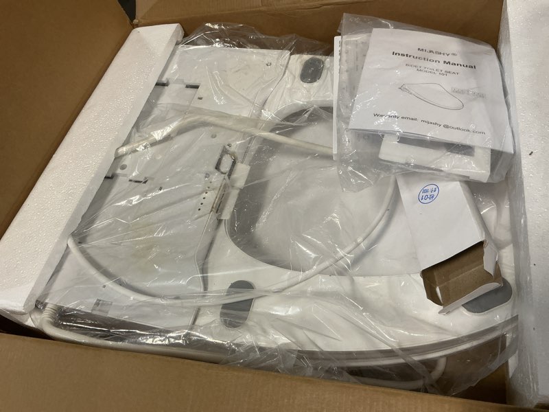 Condition photo showing As Is for electric bidet toilet seat, elongated, warm water with air dryer, heated seat and slow close lid, front and rear wash, led nightlight, wireless remote, white, 101 elongated+electric