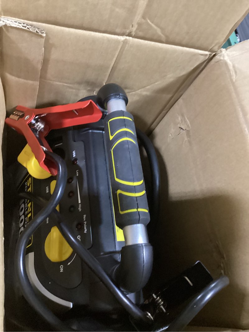Condition photo showing As Is for stanley j5c09 1000 peak amp automotive jump starter, portable power – 2.1a/10w usb port, 12v outlet, 120 psi air compressor for tires, bikes & sports equipment 1000 amps