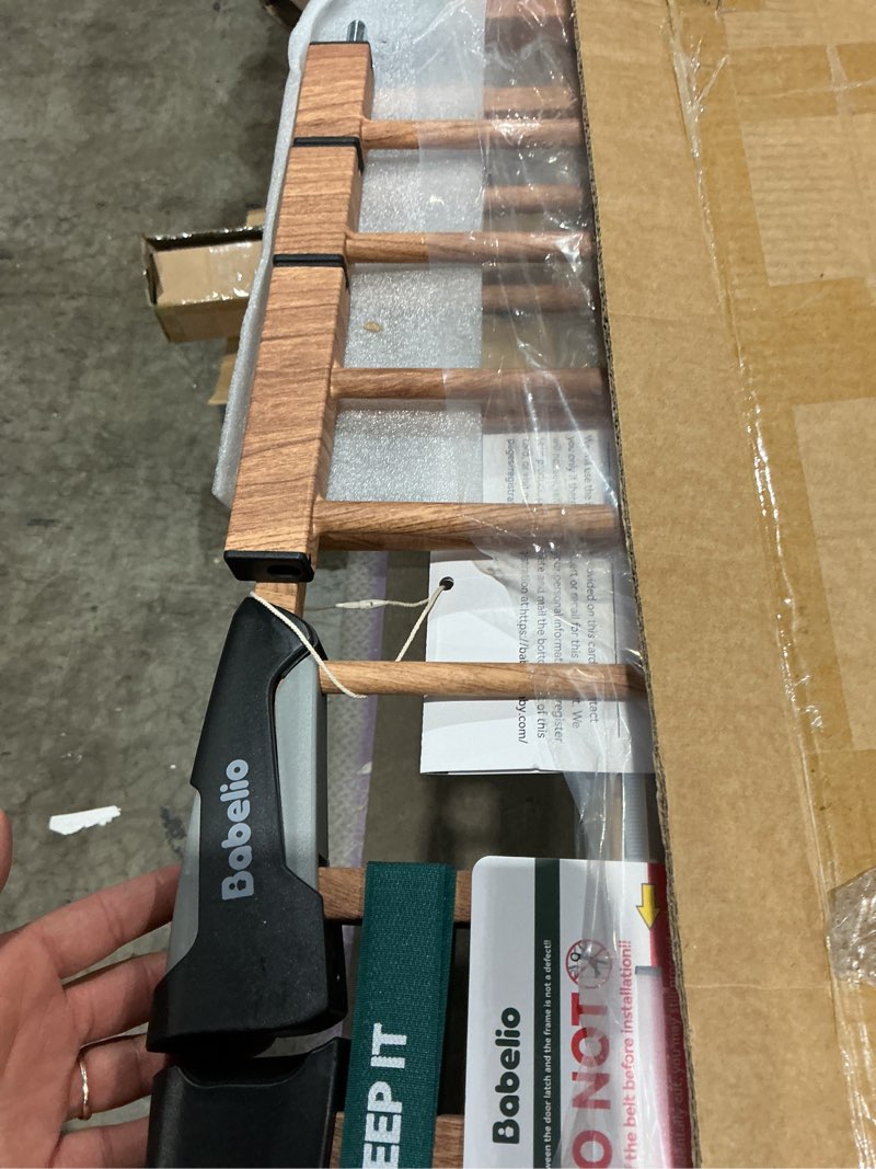 Condition photo showing Good Condition for babelio 26-40 in pressure mounted baby gate for stairs, pressguard dog gate | pressure/wall mount, triple-lock, heavy duty, auto close, easy install for doorways/kitchens/hallway brown wood pattern 30"tall 26"-40" wide