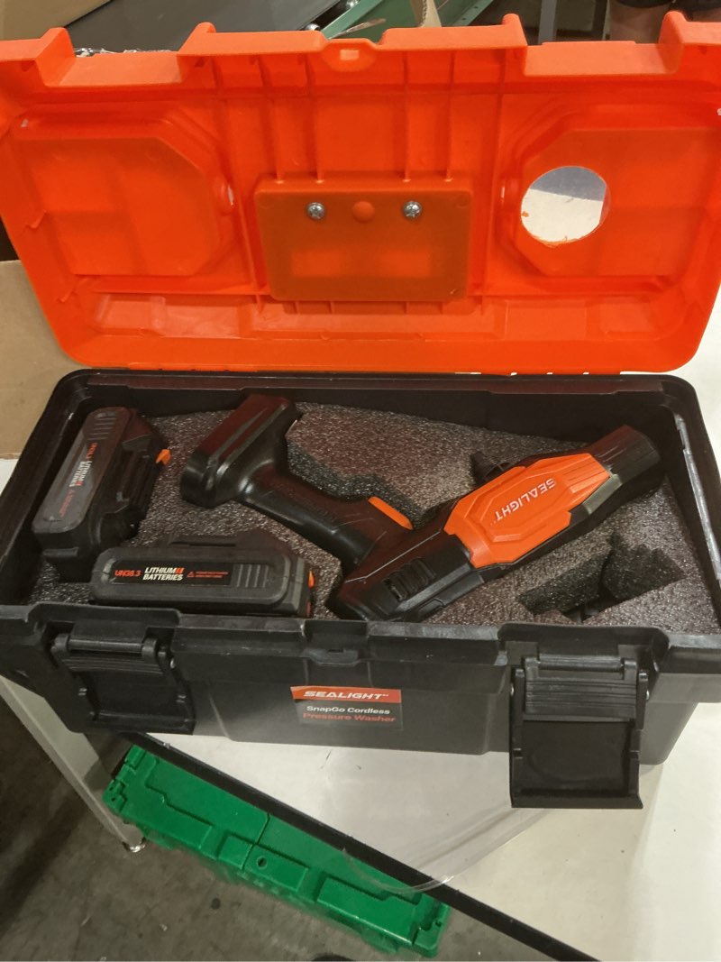 Condition photo showing Good Condition for sealight cordless pressure washer, 970psi portable power washer with 3.0ah dual batteries 6-in-1 nozzle battery operated power washer for cars, fences, patio, bikes cleaning