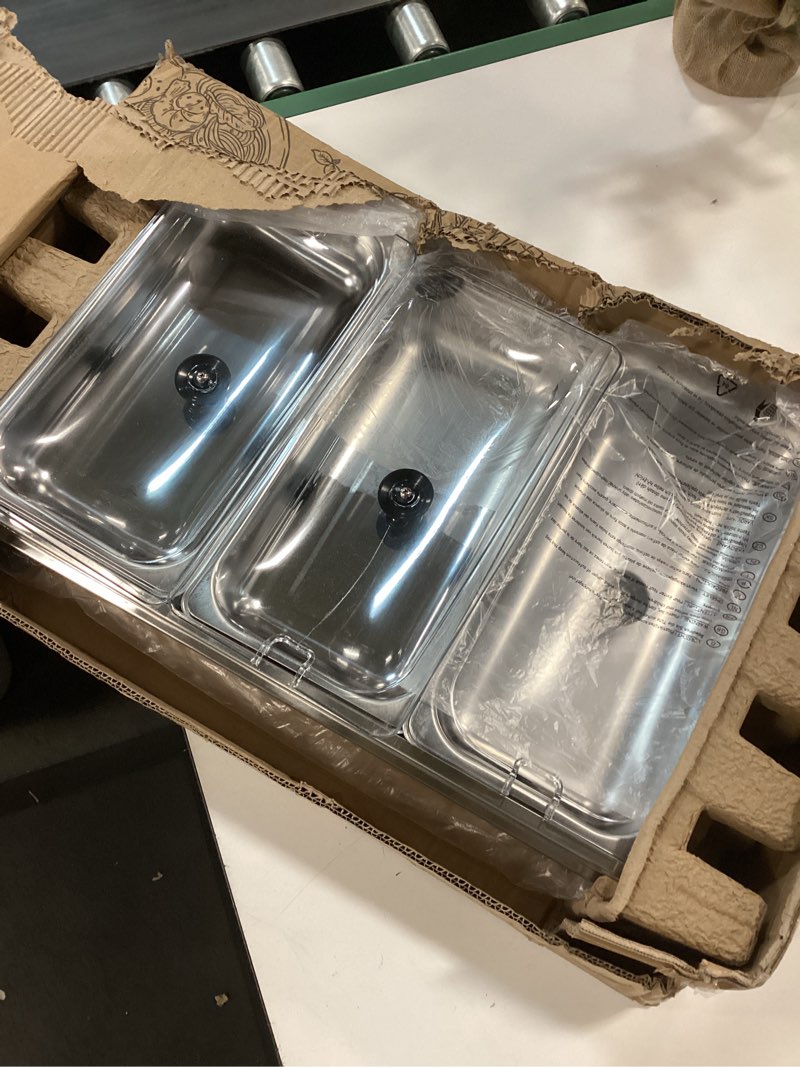 Condition photo showing As Is for Elite Gourmet EWM-6171 Triple 3 x 2.5 Qt. Trays, Buffet Server, Food Warmer Temperature Control, Clear Slotted Lids, Perfect for Parties, Entertaining & Holidays, 7.5 Qt Total, Stainless Steel 7.5 Quart