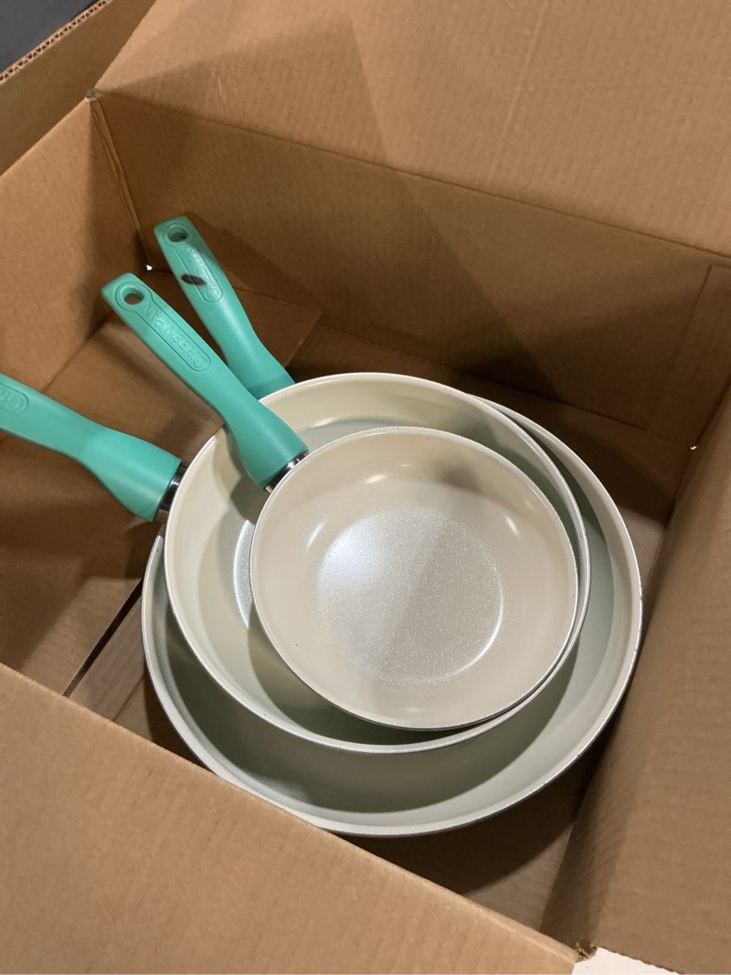 Condition photo showing As Is for GreenPan Rio Healthy Ceramic Nonstick 7" 9.5" and 11" Frying Pan Skillet Set, PFAS-Free, Dishwasher Safe, Turquoise 7" 9.5" and 11" 3 Piece Frying Pan Set Turquoise