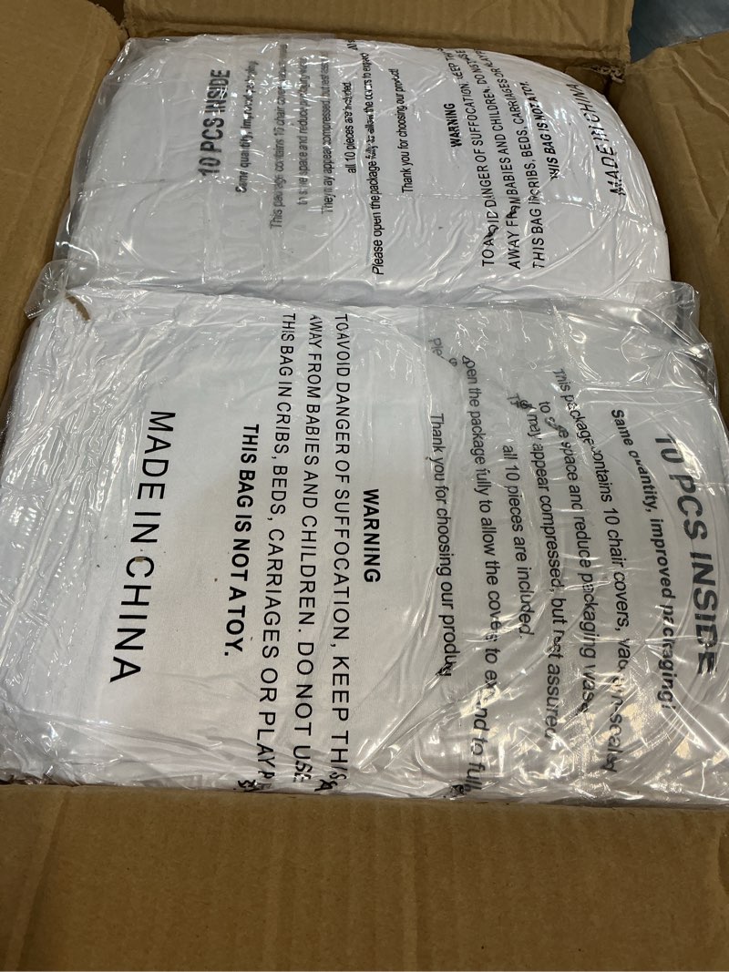 Condition photo showing New/Like New for 100 pieces white chair covers - versatile stretch polyester spandex dining chair slipcovers for dining, party, wedding, banquet, and more white 100pcs