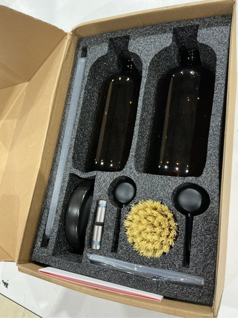 Condition photo showing Good Condition for [luxury] kitchen soap dispenser set - 16oz amber glass bottle, stainless steel pump, instant dry tray, waterproof labels, non-slip silicone pad, and dish brush | upgrade for your kitchen and bathroom amber bottle + black pump