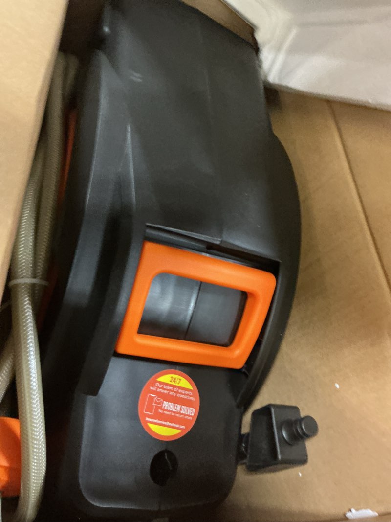 Condition photo showing Good Condition for retractable garden hose reel 1/2" 100ft, 2-in-1 wall mount & portable auto rewind water hose reel with any length lock & 180° swivel, heavy duty outdoor hose storage for garden, patio and car washing orange