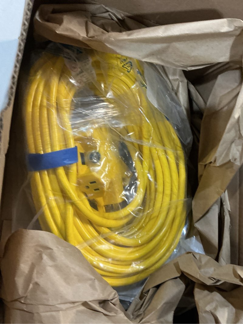 Condition photo showing New/Like New for Clear Power 100 ft 12/3 SJTOW Extra Heavy Duty Contractor Grade Extension Cord with 5 Outlet Adapter Combo, Oil Water & Weather Resistant, Flame Retardant, Yellow, 3 Prong Grounded Plug, CPCO90001 100 ft + Adapter Lighted End Yellow