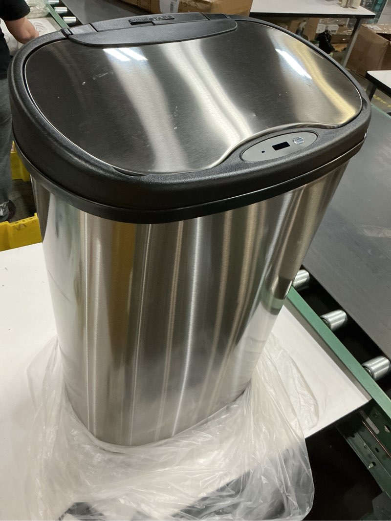Condition photo showing Good Condition for ninestars dzt-50-49 automatic touchless motion sensor oval trash can with black top, 13 gallon/50 l, stainless steel silver