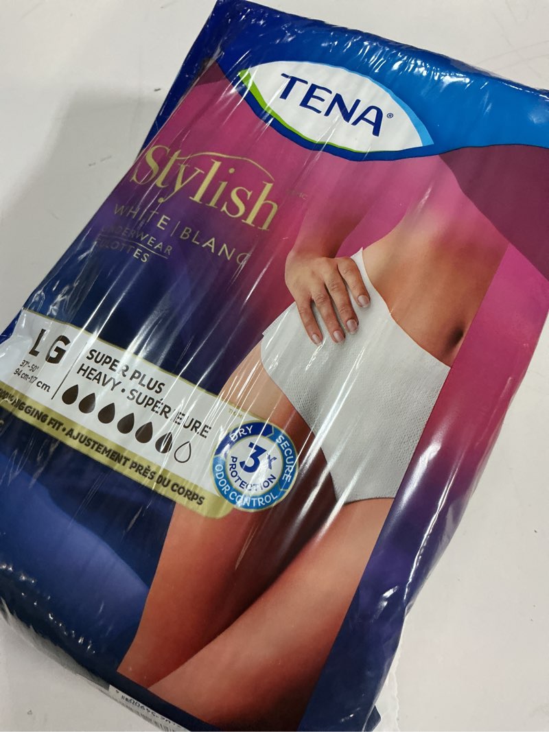 Condition photo showing New/Like New for TENA Stylish White Incontinence Underwear for Women, Super Plus Heavy Absorbency, Large, 64 Count Large 64