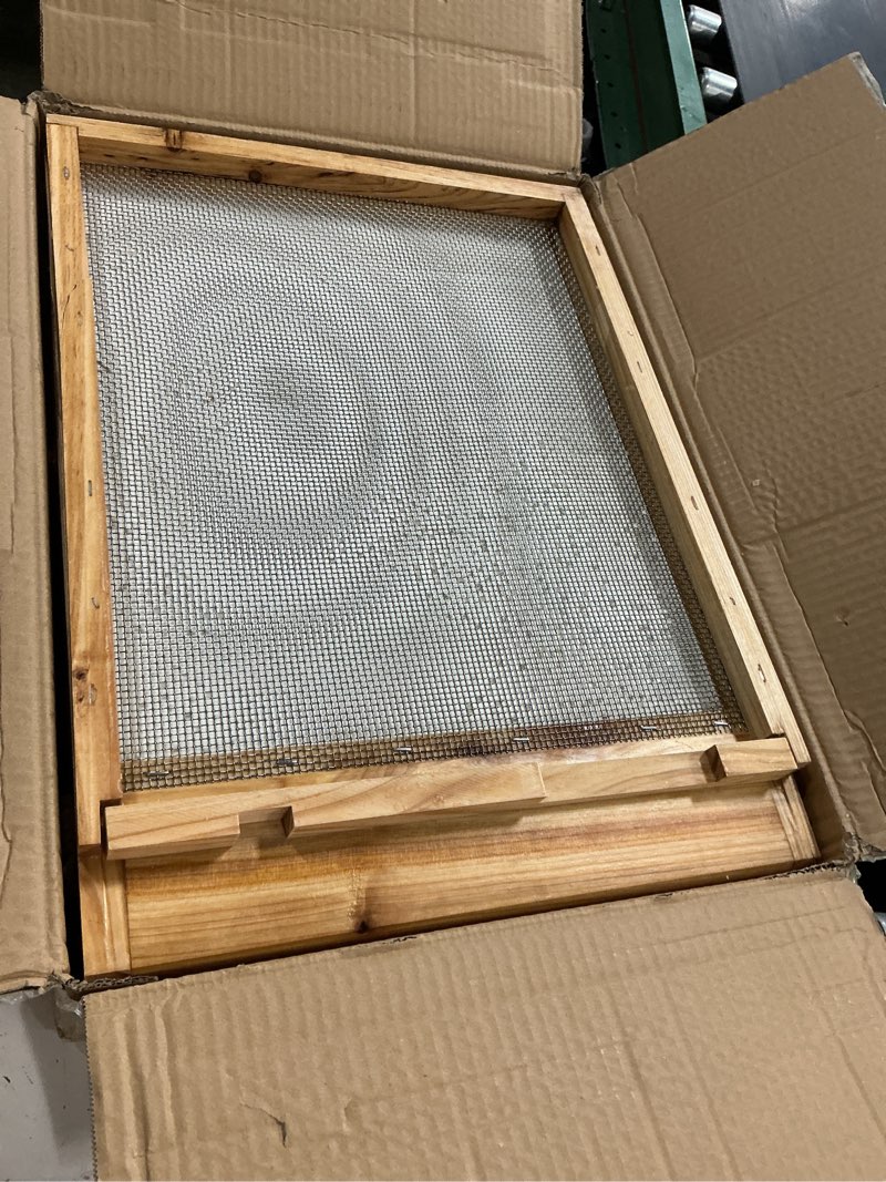 Condition photo showing As Is for 2pcs beehive screened bottom board 10 frame langstroth bee hive screened bottom board dipped in 100% beeswax with entrance reducer, screen bottom board with solid wood for 10 frame beehive 10-frame