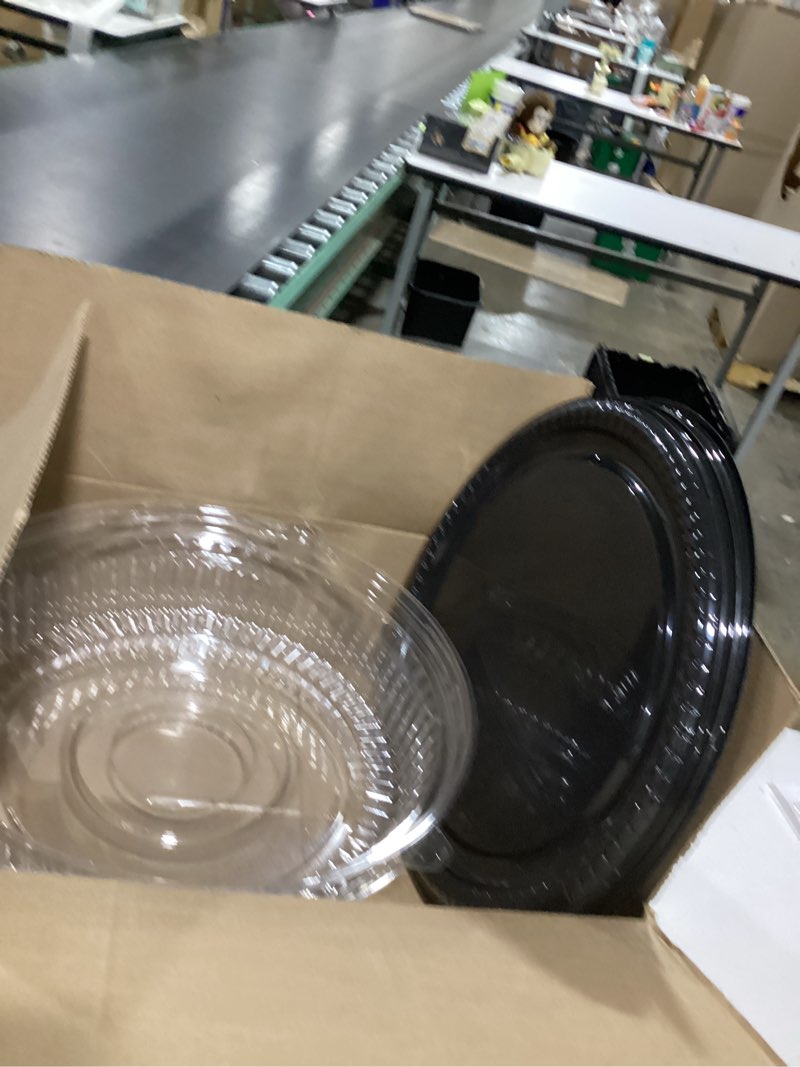 Condition photo showing Good Condition for Heavy Duty, Recyclable Serving Tray with High Dome Lid, Black Plastic Party Platters Clear Lids. Elegant Round Banquet or Catering Trays for Serving Appetizers, Sandwich and Veggie Plates, 16” Round