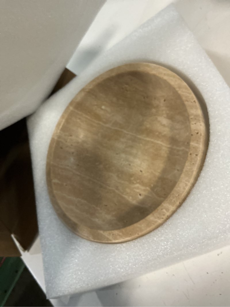 Condition photo showing Good Condition for travertine decorative bowl - 7.8” diameter & 2” height - key bowl for entryway table - travertine - organic modern centerpiece - beige/natural beige/natural - travertine