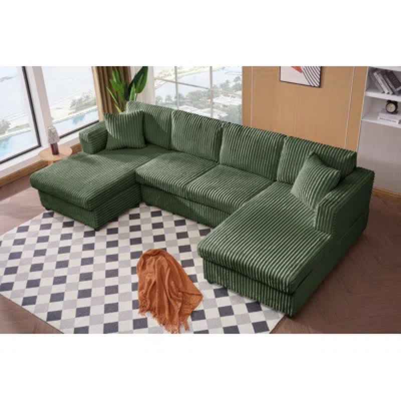 4 seat u sectional couch, 110'' w corduroy sofa with double chaises((pick up 3 box)))