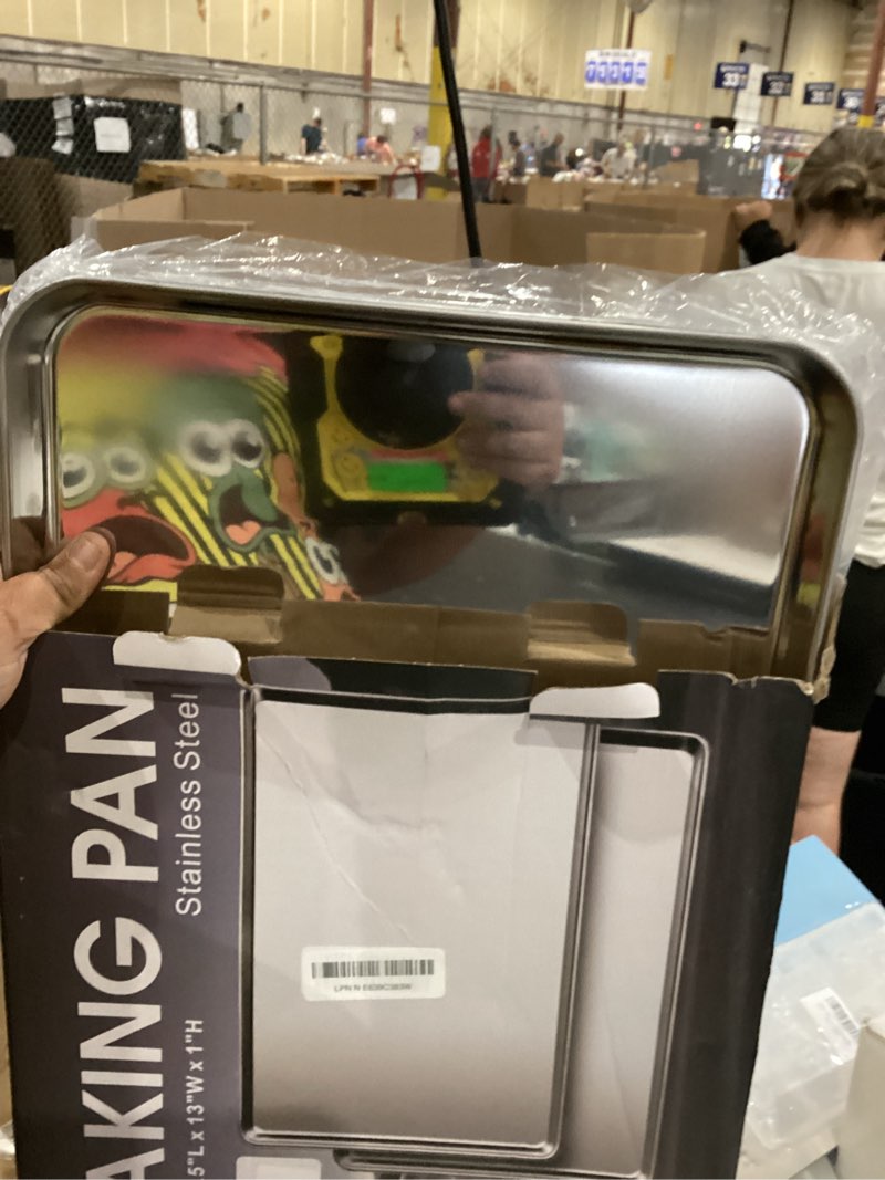 Condition photo showing Good Condition for commercial quality baking sheet pan set, natural stainless steel cookie sheet, warp resistant nonstick baker's half sheet pan, large thick cookie tray pans for baking, roasting(2 pack, 18x13inch) 2 baking pans (18 in)
