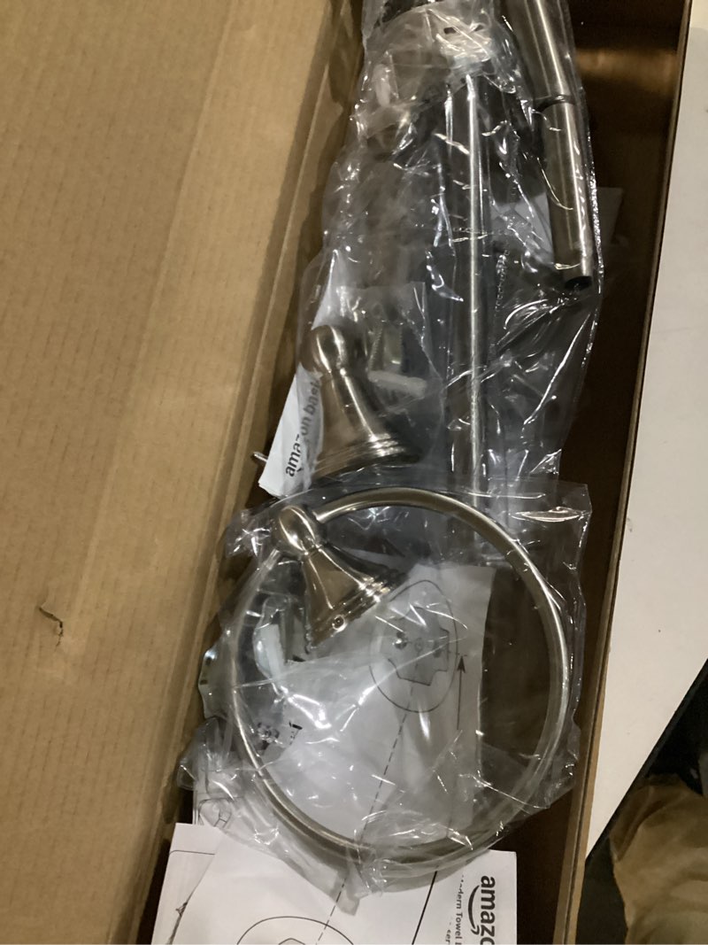 Condition photo showing As Is for amazon basics 5 piece bathroom hardware set, satin nickel, towel bar, toilet paper holder, towel ring, robe hook, ab-br817-sn satin nickel 5 piece modern