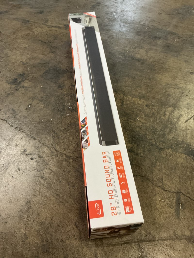Condition photo showing New/Like New for ilive 29 inch sound bar with bluetooth, includes remote and mounting hardware, black (itb037bo)