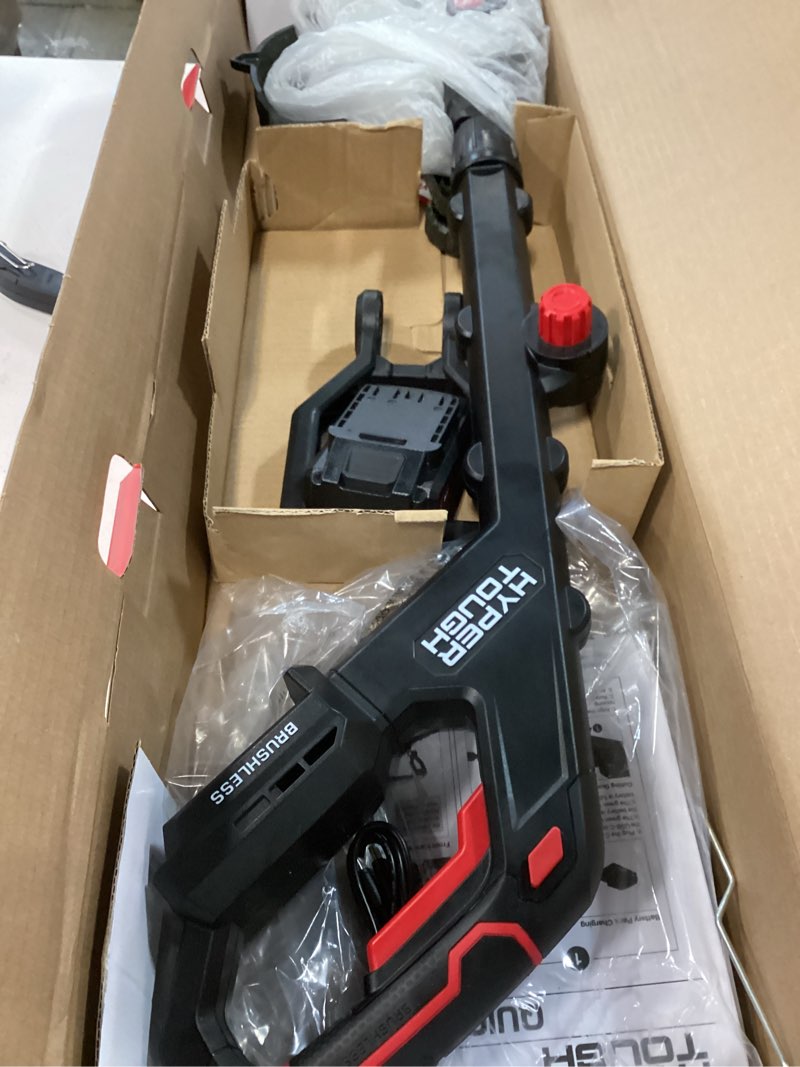 Condition photo showing As Is for hyper tough 12" 20v brushless cordless string trimmer with 20v max 2.0ah battery and charging cable