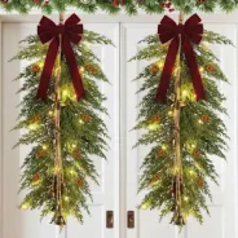 Hungdao 2 Pack 36" Large Christmas Teardrop Swag with Lights Velvet Bell Bow and Faux Pine Cones Rus