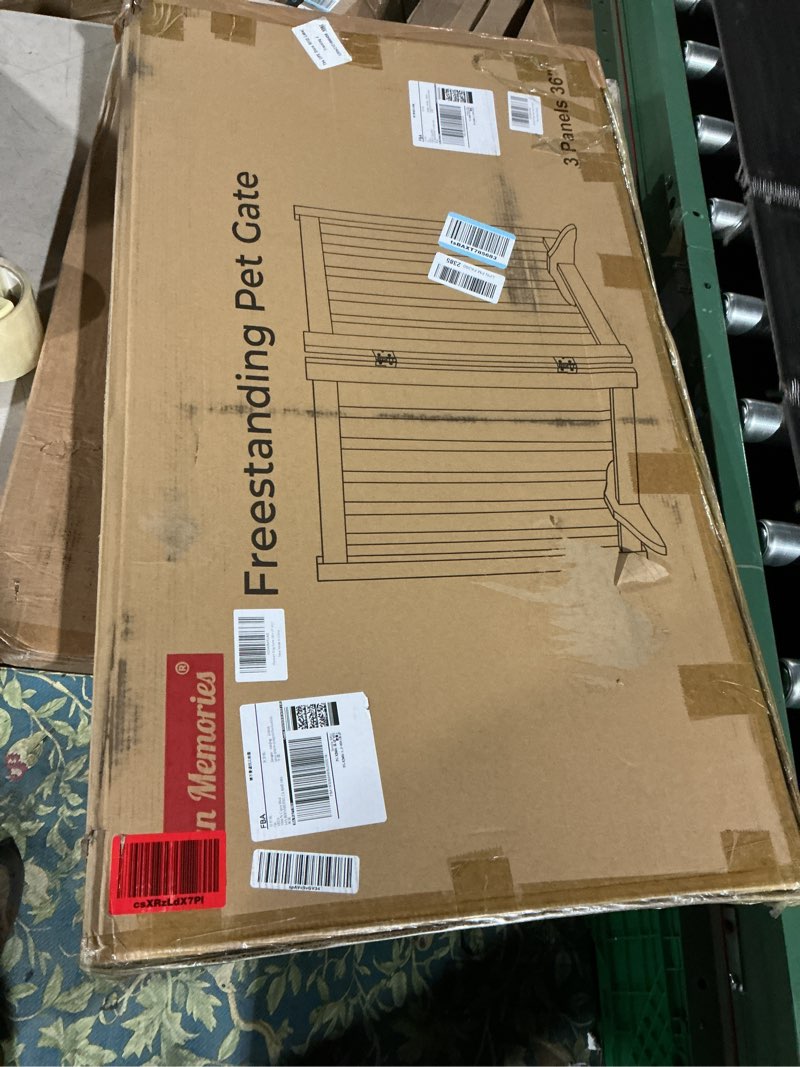 Condition photo showing Good Condition for Solid Wood Freestanding Pet Gate - 4 Panels 24" - Folding Safety Fence with 2 Support Feet - Ideal for Stairs, Doorways, Halls, Kitchens - Indoor Wooden Dog Gate - Walnut Color Walnut 24"-4 Panels