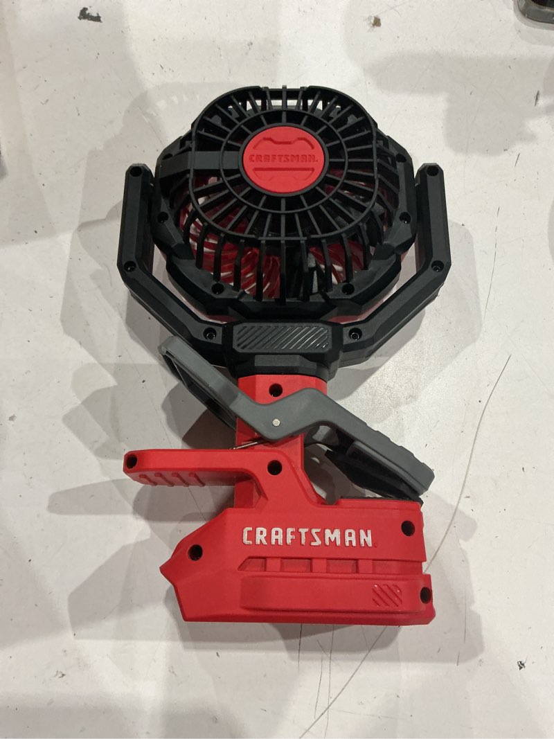 Condition photo showing As Is for craftsman 4-in indoor desk fan, battery powered, in red and black